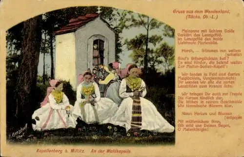 Ak Schönberg am Kapellenberg Bad Brambach im Vogtland,  Kinder in Tracht, Kapelle, blühende Pflan
