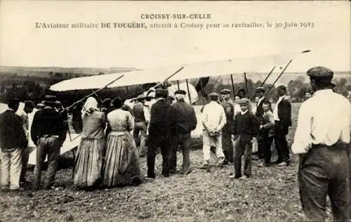 Ak französischer Militärflieger De Tougère, Landung in Croissy sur Celle, 30. Juni 1913