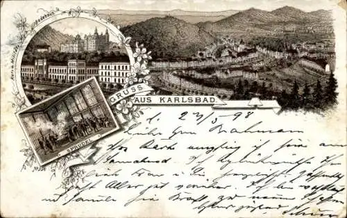 Litho Karlovy Vary Karlsbad Stadt, Kur- und Militär Badehaus, Sprudel, Panorama