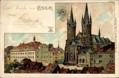 Sonnen Litho Cheb Eger Reg. Karlsbad, Blick auf die Kirche