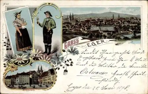 Litho Cheb Eger Region Karlsbad, Panorama, Marktplatz, Trachten