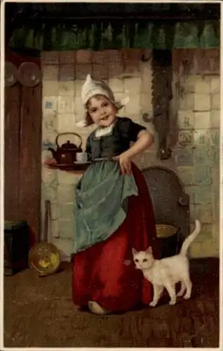Ak Mädchen in niederländischer Tracht, Tee, Katze, Küche
