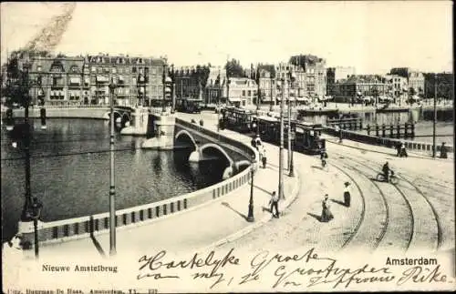 Ak Amsterdam, Nieuwe Amstelbrug, Straßenbahn