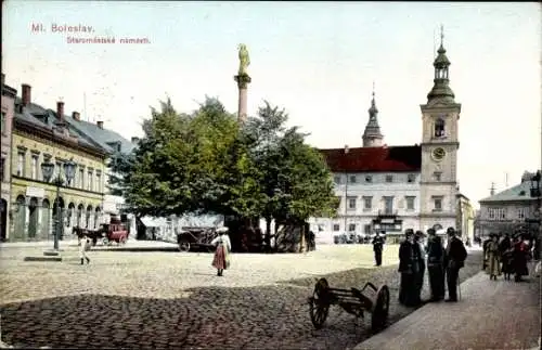 Ak Mladá Boleslav Jungbunzlau Mittelböhmen, Marktplatz, Rathaus, Denkmal