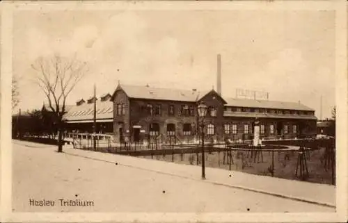 Ak Haslev Dänemark, Haslev Trifolium, historische Fabrik, umgebende Grünflächen, Straßenlaterne