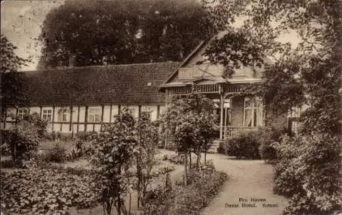 Ak Rønne Dänemark, Dams Hotel, Garten, Gebäude, Pflanzen, Architektur