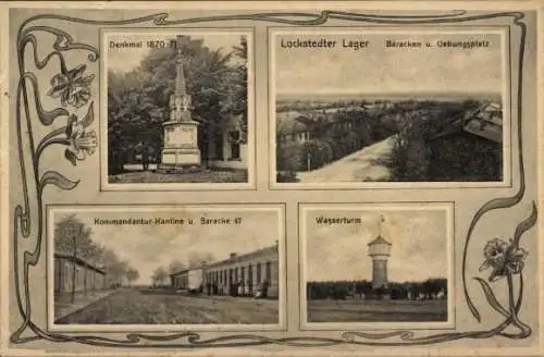 Ak Lockstedt in Holstein, Lockstedter Lager, Denkmal 1870.71,  Baracken, Wasserturm, Kommandan...