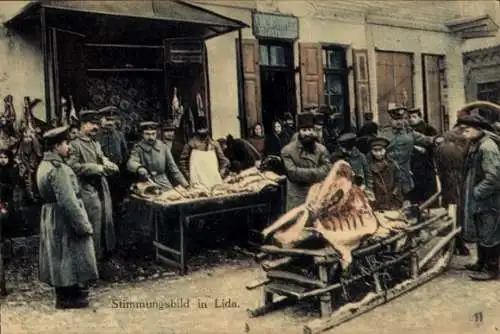 Ak Lida Weißrussland, Fleischlieferung auf Schlitten