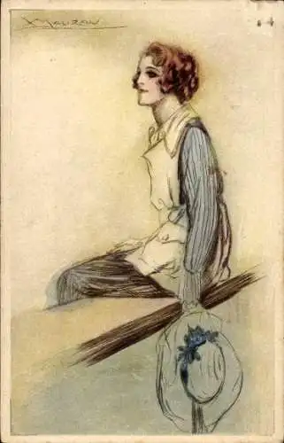 Künstler Ak Mauzan, Gemaltes Frau-Porträt, Hut