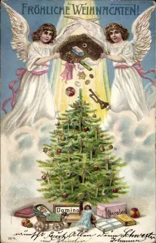 Präge Ak Glückwunsch Weihnachten, Engel, Tannenbaum, Geschenke