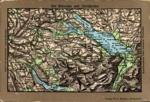 Landkarten Relief Ak Bodensee und Zürichersee