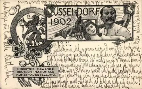 Jugendstil Ak Düsseldorf, Ausstellung 1902, Wappen, Glücksklee, Mann mit Hammer