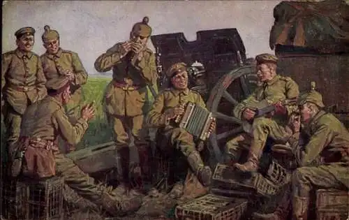 Künstler Ak Deutsche Soldaten, Musik, Geschütz