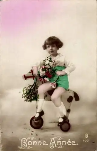 Ak Glückwunsch Neujahr, Kind, Holzpferd