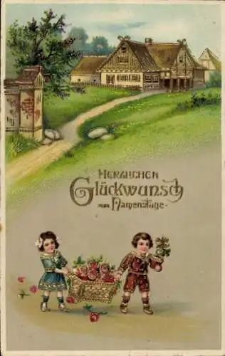 Glitzer Ak Glückwunsch Namenstag, Kinder, Rosen