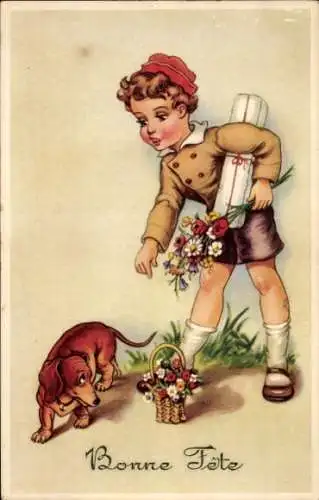 Künstler Ak Bonne Fête, Junge, Dackel