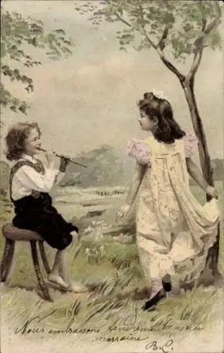 Künstler Ak Kinder, Flötenspieler