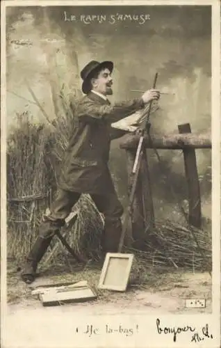 Ak Le Rapin s'amuse, Maler mit Staffelei, Leinwände
