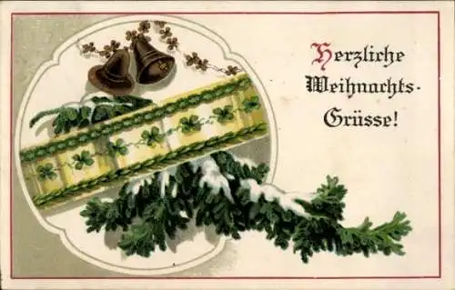 Ak Glückwunsch Weihnachten, Tannenzweige, Glocken, Glücksklee