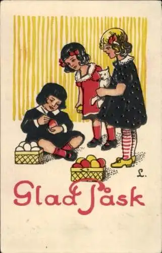 Künstler Ak Glückwunsch Ostern, Kinder, Ostereier, Katze