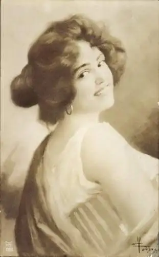 Künstler Ak Lächelnde Frau, Gemaltes Porträt, Ohrring