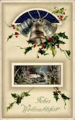 Präge Ak Glückwunsch Weihnachten, Glocken, Stechpalme, Haus
