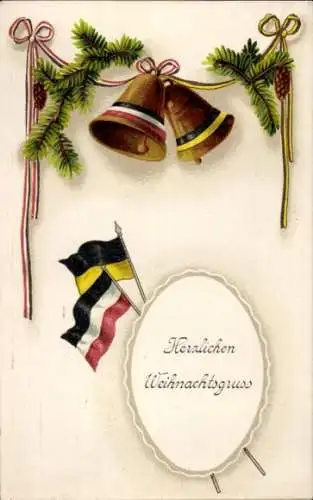 Ak Glückwunsch Weihnachten, Glocken, Fahnen, Tannenzweige