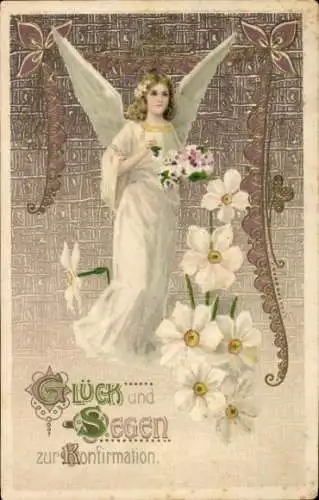 Präge Ak Glückwunsch Konfirmation, Engel, Blumen