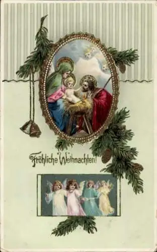 Präge Ak Glückwunsch Weihnachten, Heilige Familie, Engel, Tannenzweige