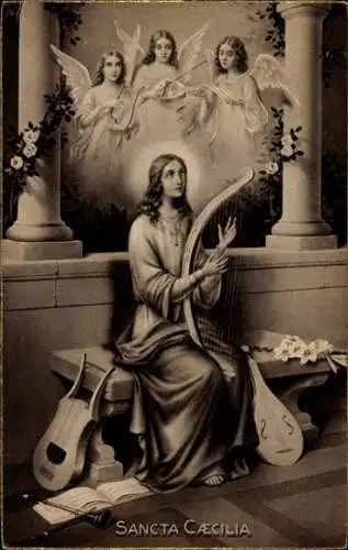 Ak Heiligenbild Sancta Cecilia, Engel mit Harfe