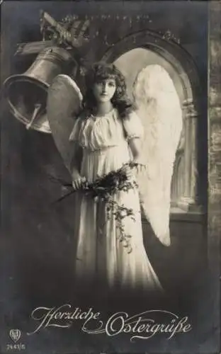 Ak Glückwunsch Ostern, Engel, Glocke, Blumen