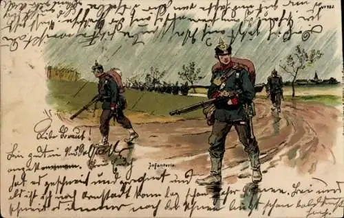 Litho Deutsche Soldaten in Uniformen, Infanterie, Pickelhaube