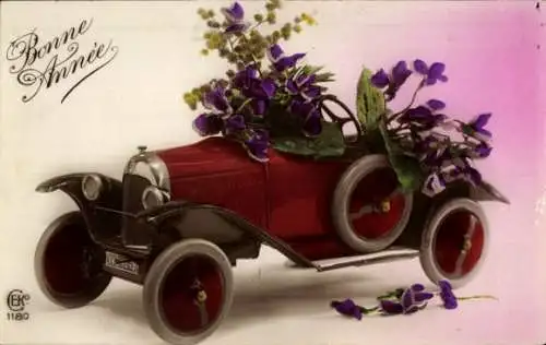 Ak Frohes Neujahr, Oldtimer mit Blumenschmuck