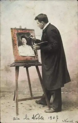 Ak Sin le Noble Nord, Maler zeichnet Frauenportrait