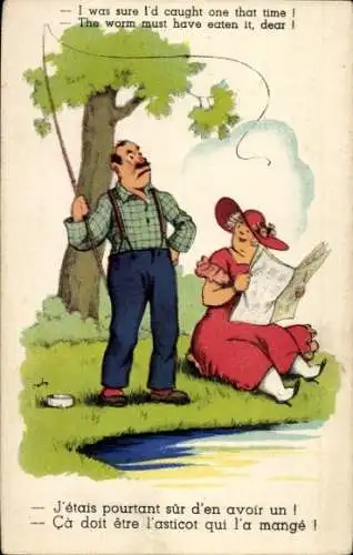 Ak Mann beim Angeln mit Frau