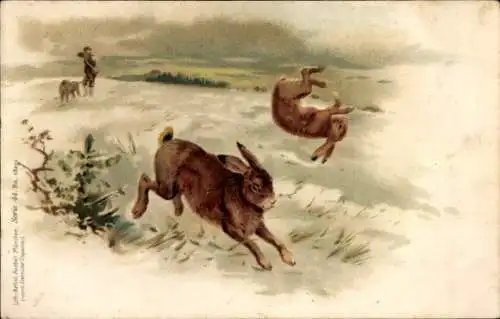 Litho Jäger schießt auf Hasen, Jagdszene, Jagd