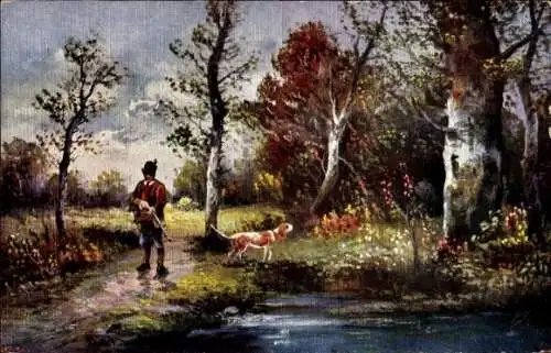 Künstler Ak Jagdszene, Jäger mit Gewehr, Hund