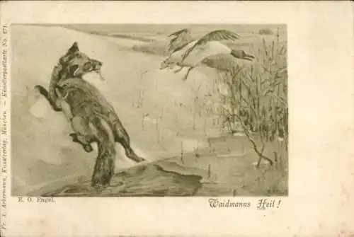Künstler Ak Engel, E. O., Waidmanns Heil, Fuchs, Ente