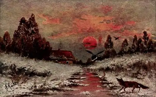 Künstler Ak Rüst, Landschaft im Winter, Fuchs
