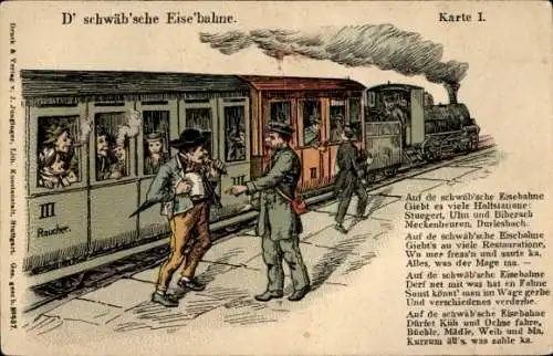 Litho Schwäbische Eisenbahn, Raucher Abteil, Schaffner