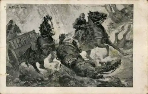 Ak Verdun Meuse, Munitionskolonne im Granatfeuer, ein Soldat liegt verletzt auf der Straße, Pf...