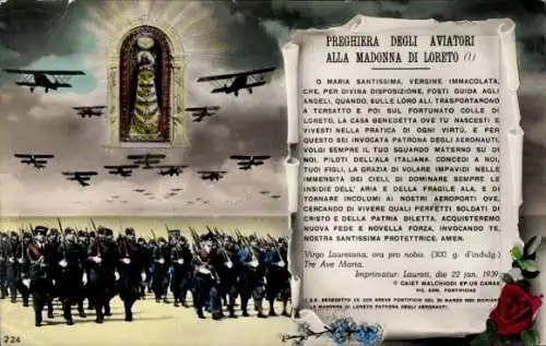 Ak Loreto Marche, Italienische Soldaten, Flugzeuge und eine Abbildung der Maria mit Jesus.