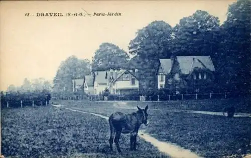 Ak Villa Draveil Essonne,  Esel steht auf einer Wiese vor ei...