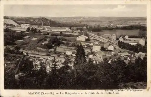 Ak Maisse Essonne, Eine schwarz-weiße Postkarte zeigt eine Ziegelei und die Straße nach La Fer...