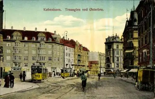 Ak København Kopenhagen Dänemark, København, Treanglen ved Østerbro, alte Gebäude, Straßenbahn...