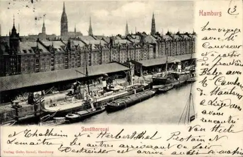 Ak Hamburg, Sandtorkai, Dampfschiffe, Kräne, Verladung, Stadtbild