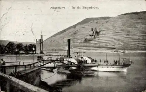 Ak Bingen am Rhein, Mäuseturm, Trajekt Bingerbrück, Dampfer