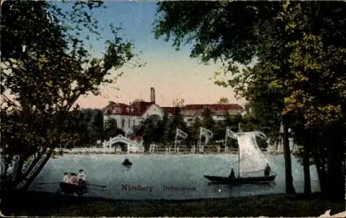 Ak Dutzendteich Nürnberg in Mittelfranken Bayern,  Dirtzendteich, Gebäude, Boote, Bäume