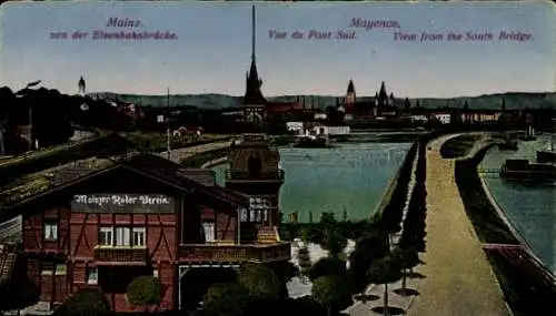 Ak Mainz am Rhein,  Elsenbahnbrücke, Mainger Ruder Verein, Blick auf die Stadt