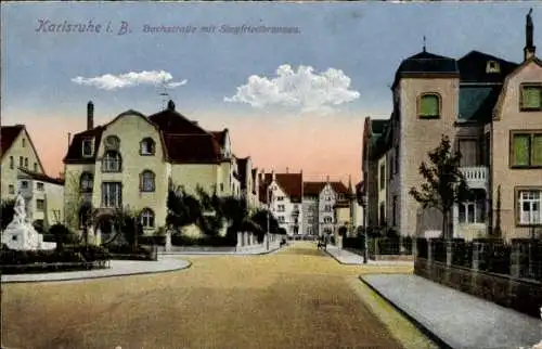Ak Karlsruhe in Baden Württemberg, Bachstraße, Siegfriedbrunnen